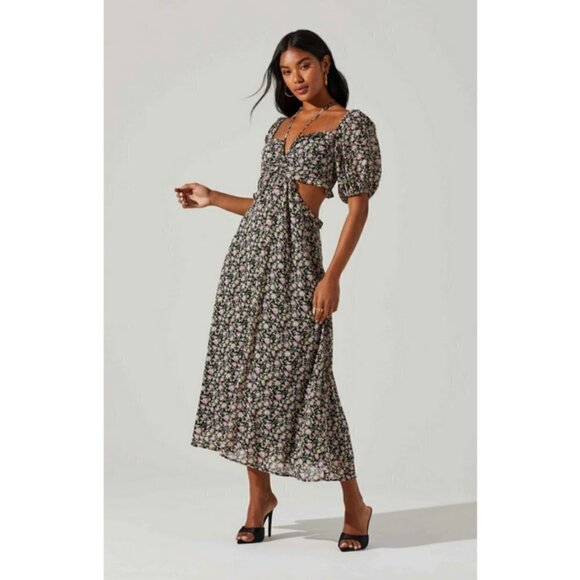 💕ASTR💕 Floral Ruffle Cutout Midi Dress ~ Black Lilac Ditsy Medium M NWT - Picture 4 of 16